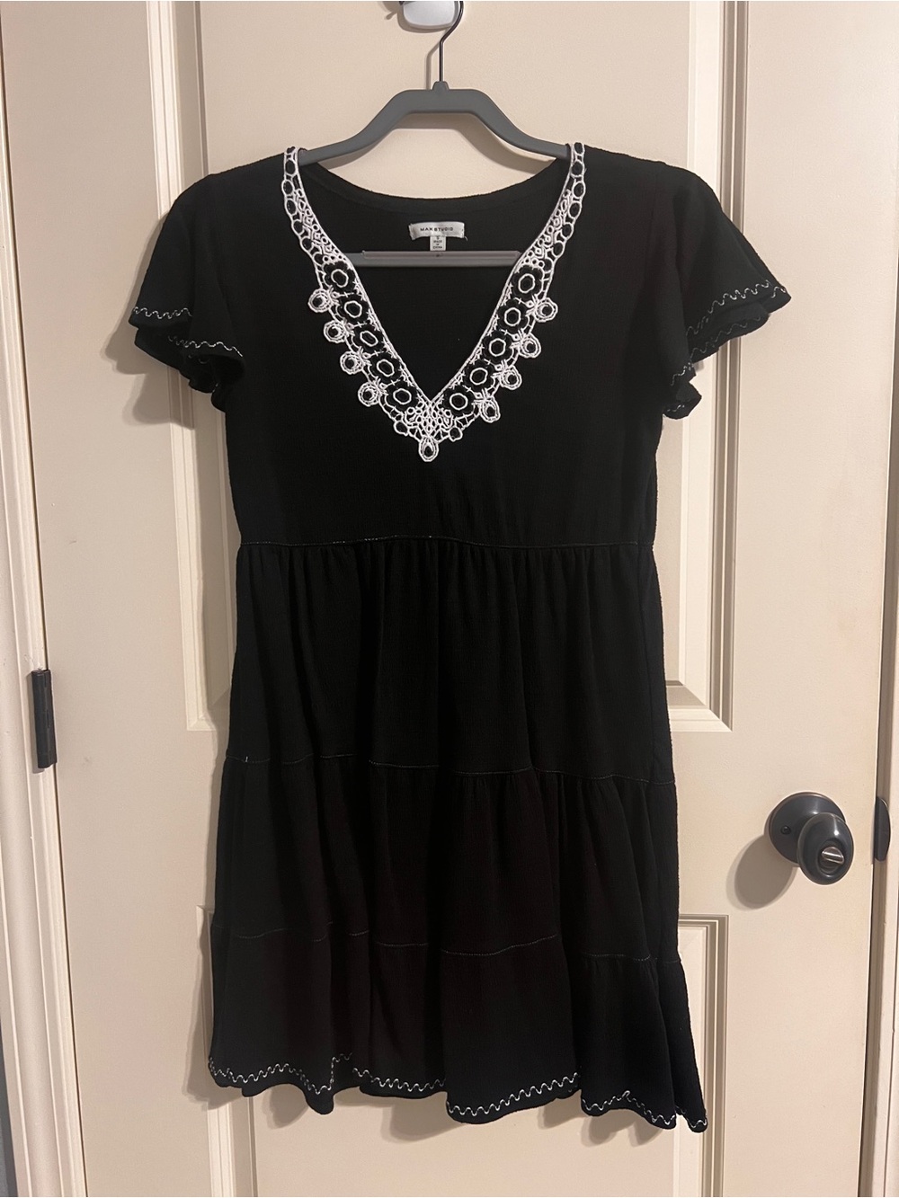 Max Studio Black Mini Dress with White Lace V-Neck Trim